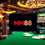 MM88 online gambling interface showcasing vibrant casino elements and poker chips.