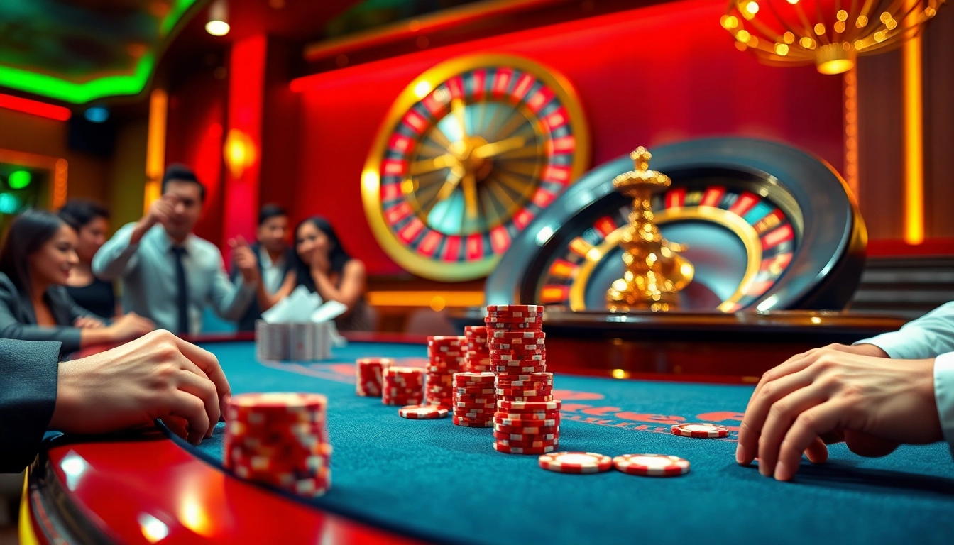 Experience high-stakes excitement at 99ok com with a vibrant poker table and roulette wheel.