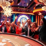 Celebrating the explosion of a prize-winning lottery amid a vibrant casino atmosphere.