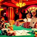 Experience high-stakes gaming at the luxurious link lucky88 casino, featuring vibrant tables and celebratory players.