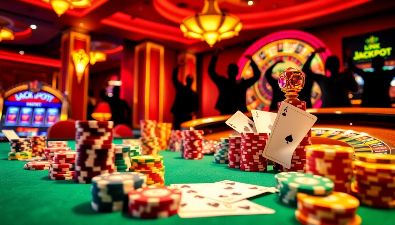 Experience high-stakes gaming at the luxurious link lucky88 casino, featuring vibrant tables and celebratory players.