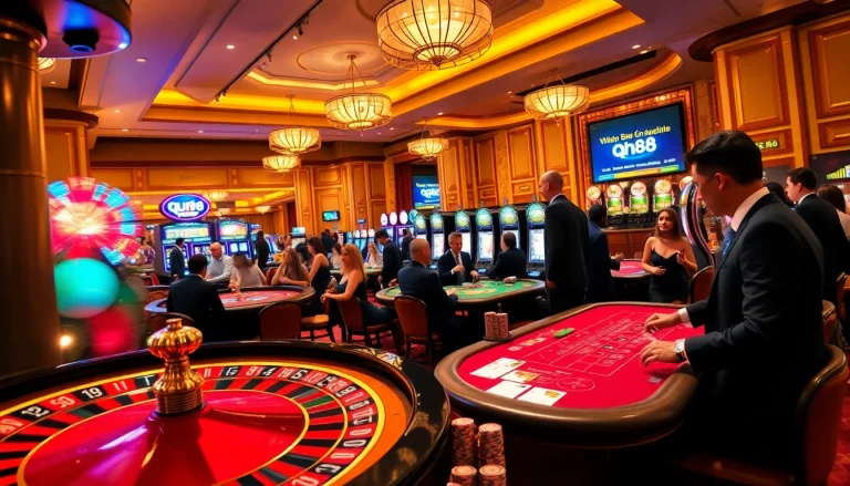Thrilling moment at qh88 casino with players enjoying poker and roulette tables
