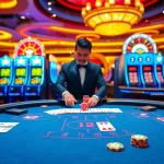 A casino setting with players enjoying Blackjack at 98win, showcasing vibrant cards and poker chips.