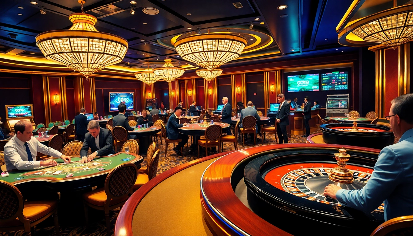 Exciting casino scene featuring GO99 gaming tables and a lively atmosphere with players.