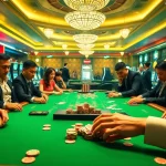 Engaged players examining kèo nhà cái details at a luxurious casino card table amidst vibrant gaming ambiance.