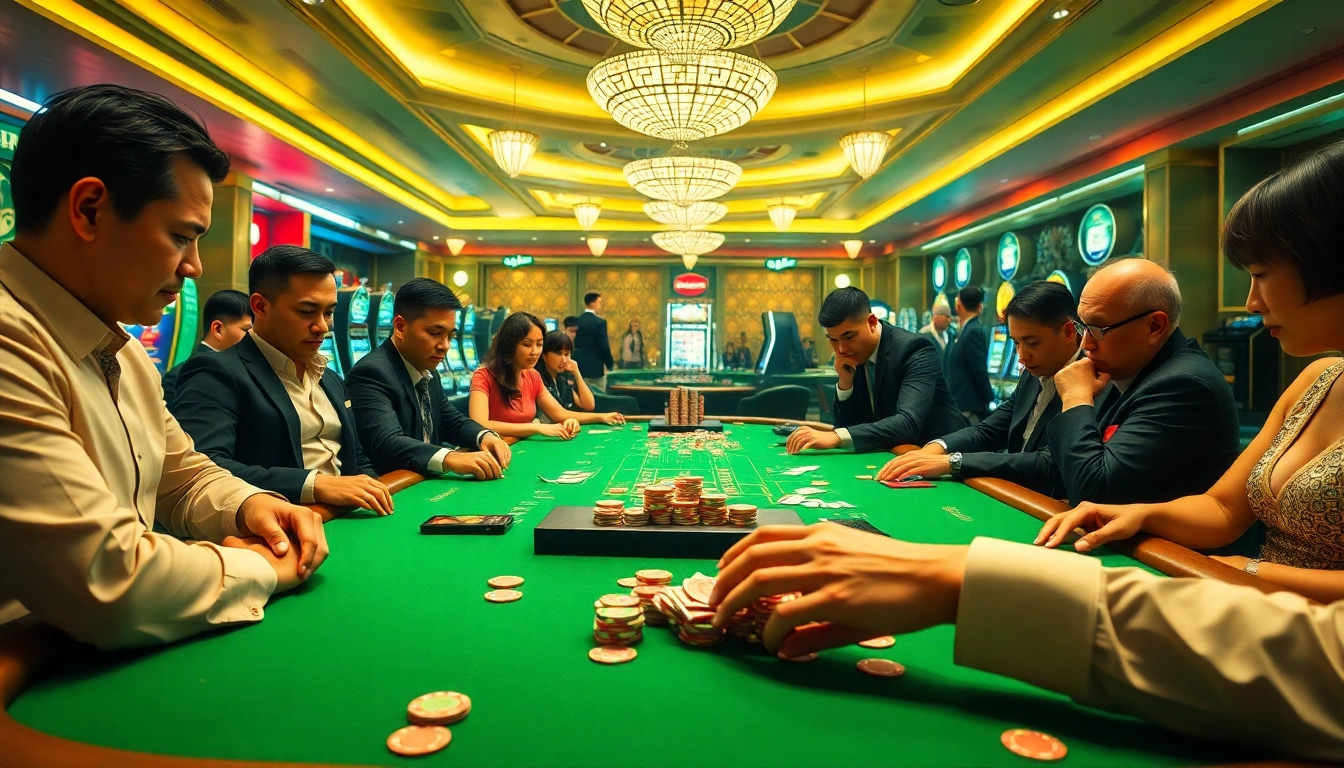 Engaged players examining kèo nhà cái details at a luxurious casino card table amidst vibrant gaming ambiance.