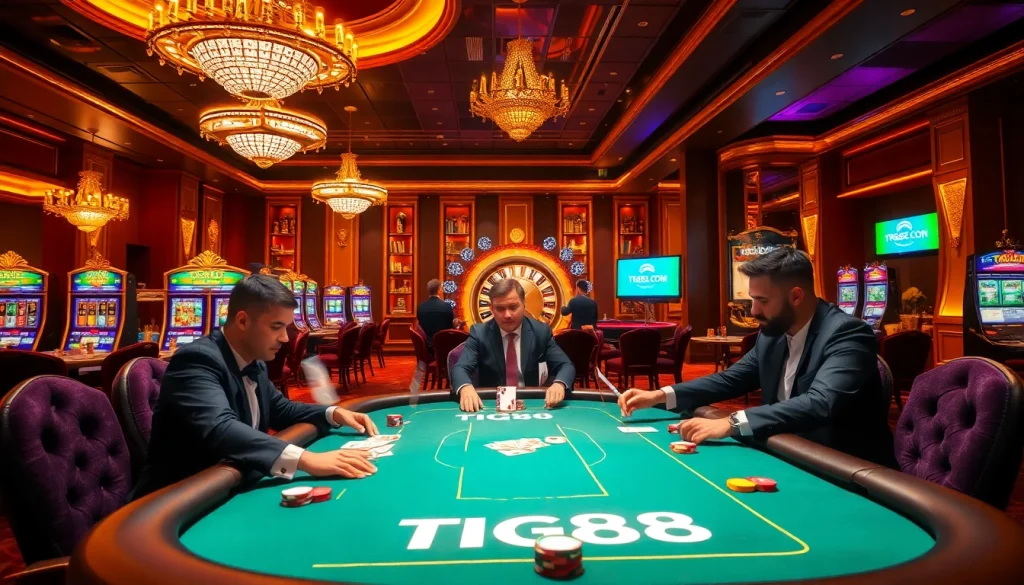 Professional players enjoying high-stakes poker at tg88.com in a luxurious casino setting.