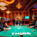 Professional players enjoying high-stakes poker at tg88.com in a luxurious casino setting.
