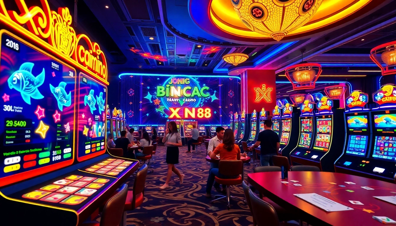 Bắn cá XN88 game interface showcasing players aiming for virtual fish with vibrant animations.