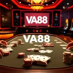 VA88 players engaged in high-stakes poker surrounded by glamorous casino elements.