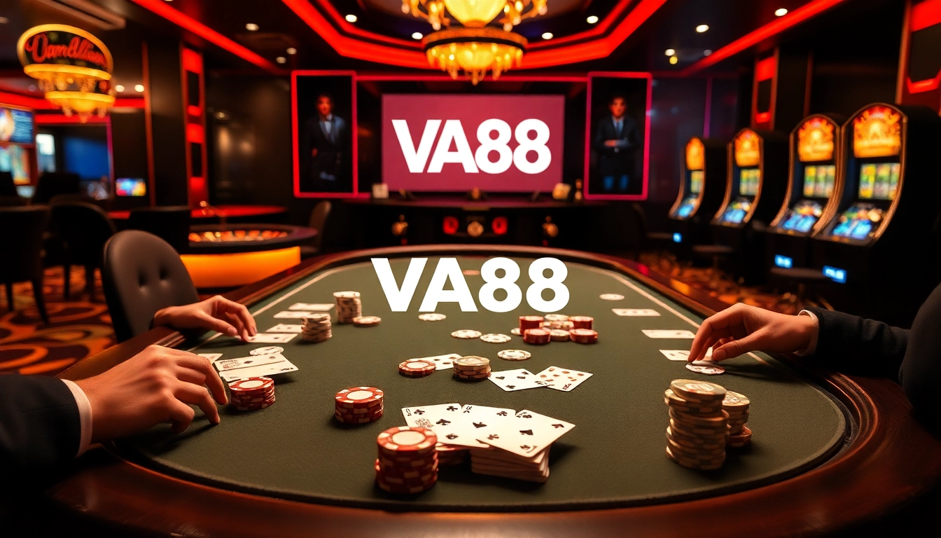 VA88 players engaged in high-stakes poker surrounded by glamorous casino elements.