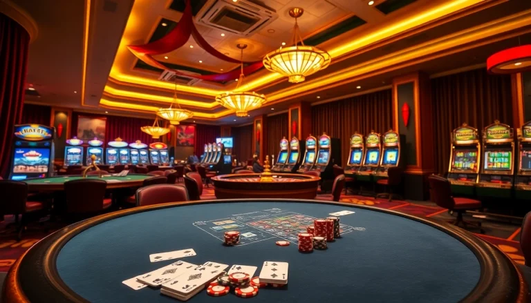 Players enjoying a thrilling PXJ casino atmosphere with vibrant tables and slot machines.