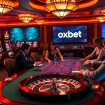 Experience exciting gameplay with oxbet at a luxurious casino table surrounded by vibrant slot machines.