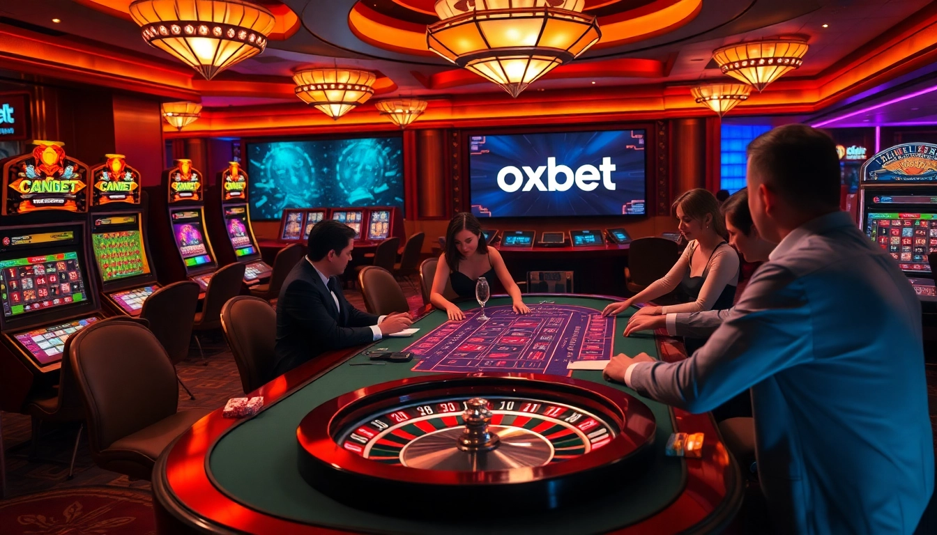 Experience exciting gameplay with oxbet at a luxurious casino table surrounded by vibrant slot machines.