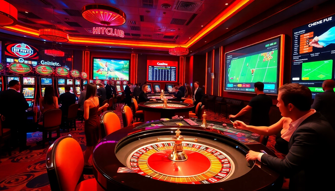 Gamblers enjoying high-stakes games at hitclub com, featuring vibrant slots and roulette.