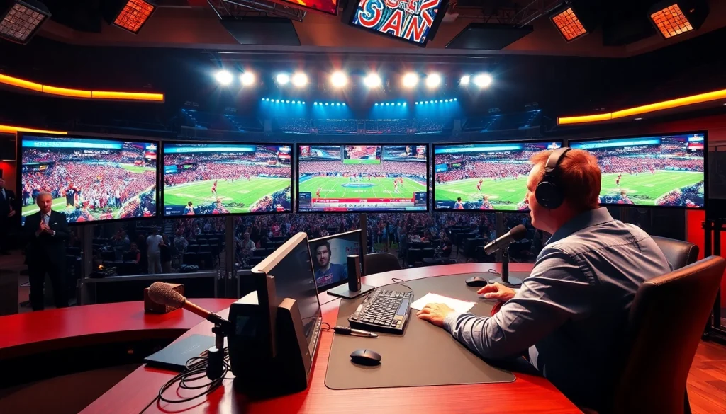 Engaging scene depicting sports broadcasting with announcer in studio, showcasing excitement.
