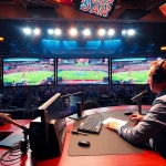 Engaging scene depicting sports broadcasting with announcer in studio, showcasing excitement.