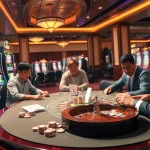 Players enjoying an exciting poker game at Xin88 casino, showcasing vibrant slot machines and roulette.