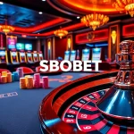 SBOBET players experiencing excitement at a luxury casino with vibrant gaming tables.