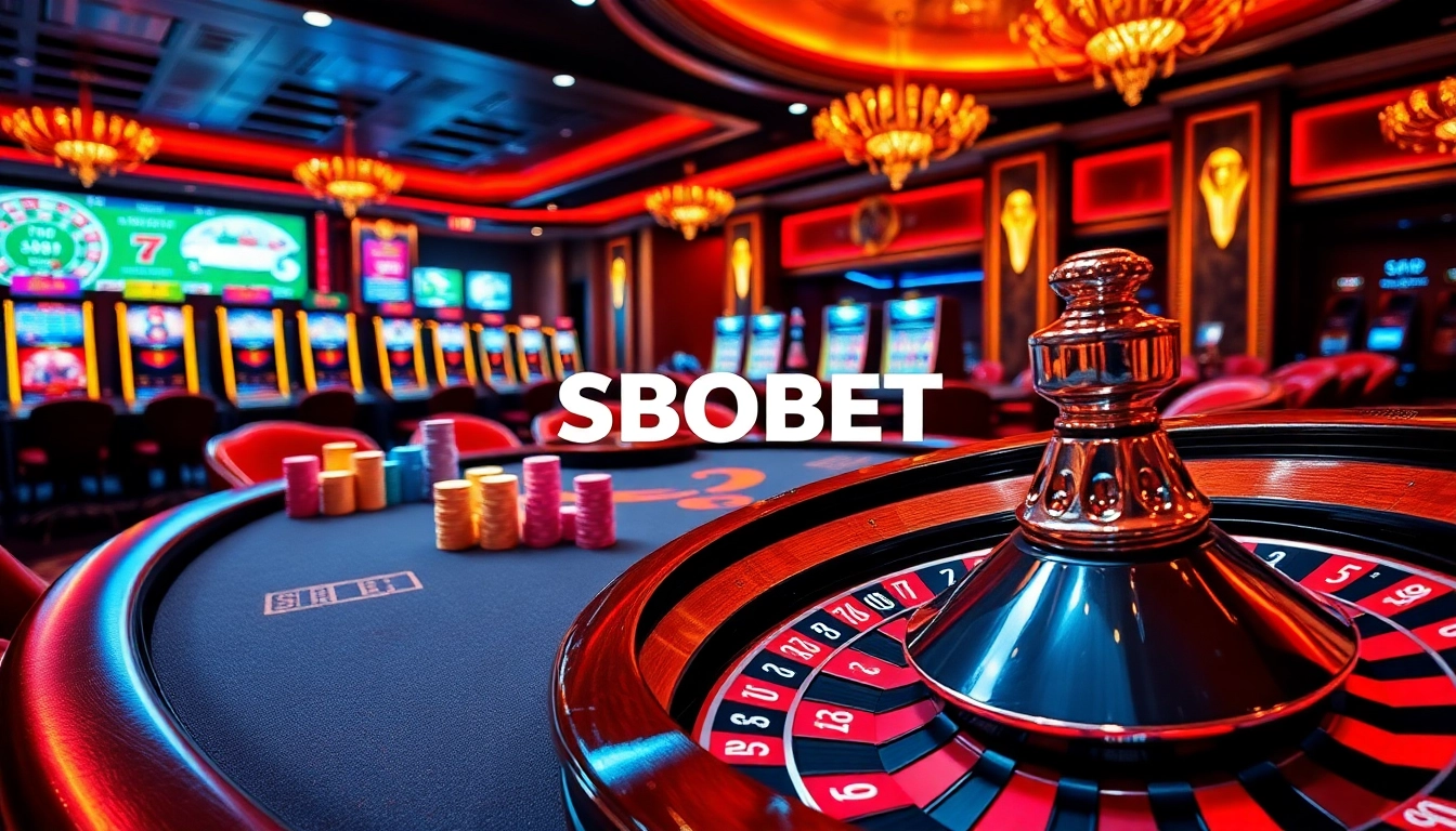 SBOBET players experiencing excitement at a luxury casino with vibrant gaming tables.