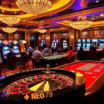 Exciting casino experience at NEO79 with players at a roulette table and slot machines.
