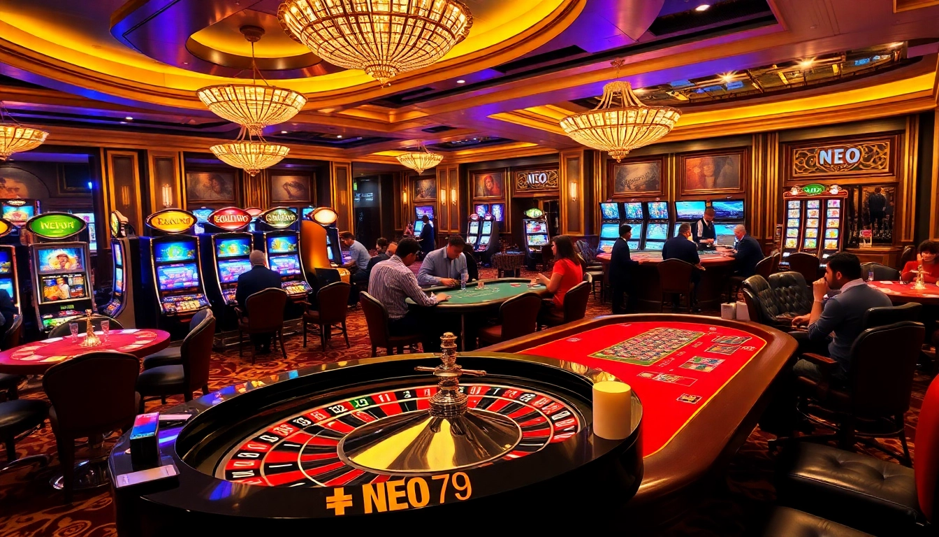Exciting casino experience at NEO79 with players at a roulette table and slot machines.