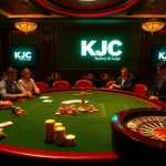 Players engaged in a high-stakes poker game at KJC, surrounded by luxury and excitement.