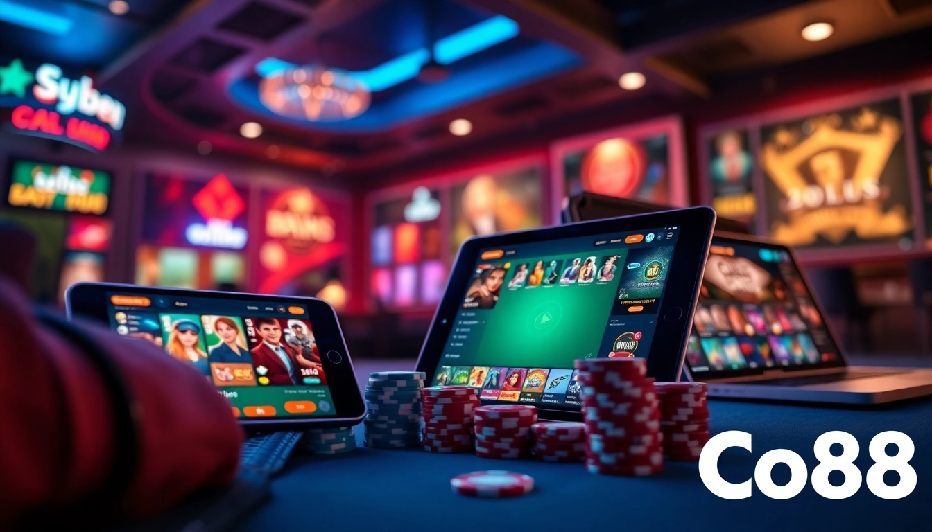 Engaging online gambling scene featuring Co88 platform on devices, capturing excitement and user experience.