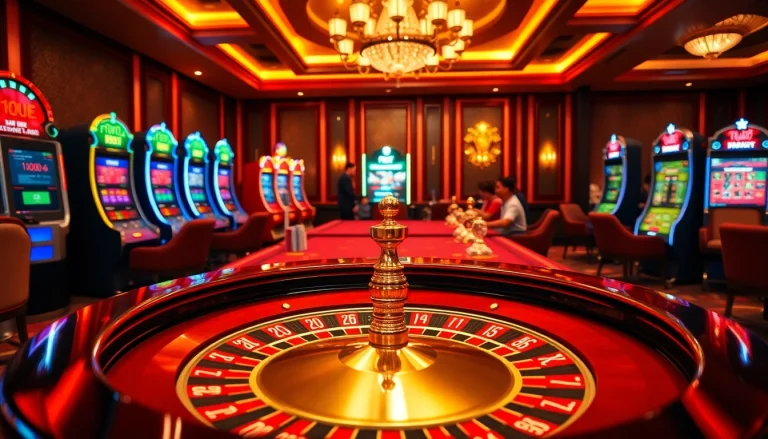 Exciting gambling scene showcasing F8bet roulette table and poker chips in a luxurious casino.