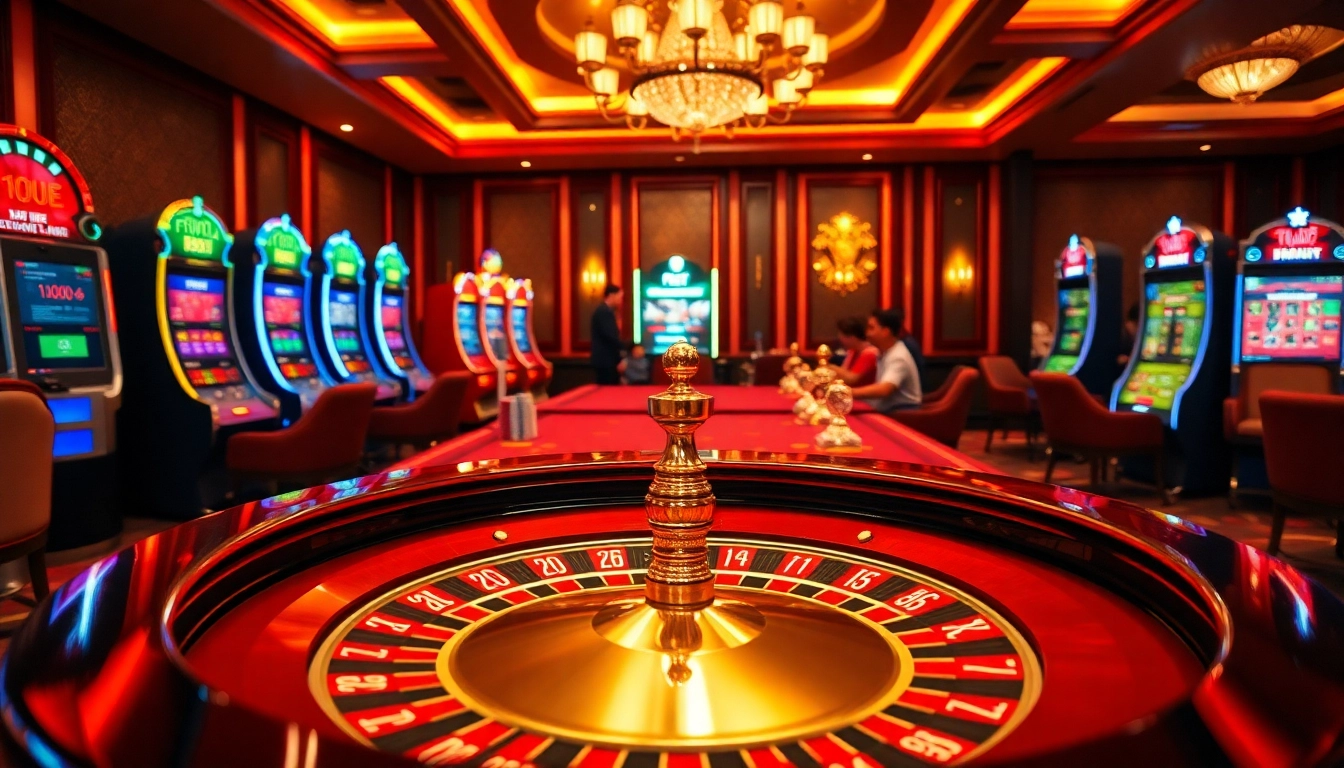 Exciting gambling scene showcasing F8bet roulette table and poker chips in a luxurious casino.