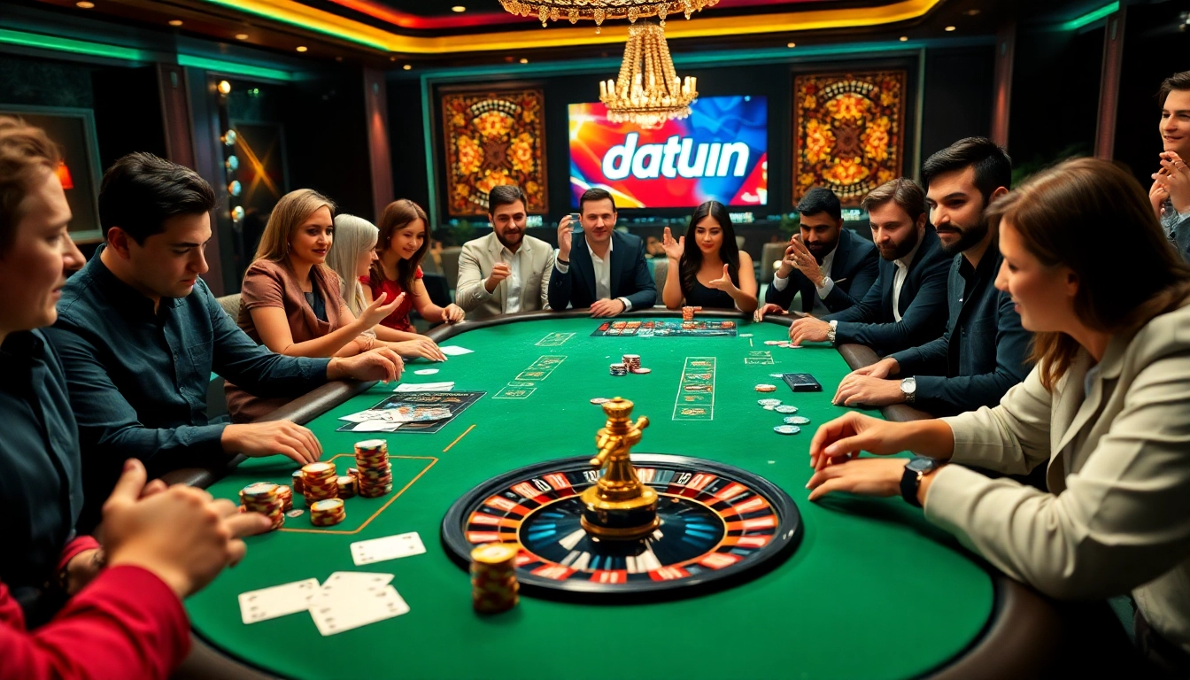 Para pemain terlibat dalam permainan poker di meja kasino mewah yang menampilkan chip dan kartu bertema Datukwin.