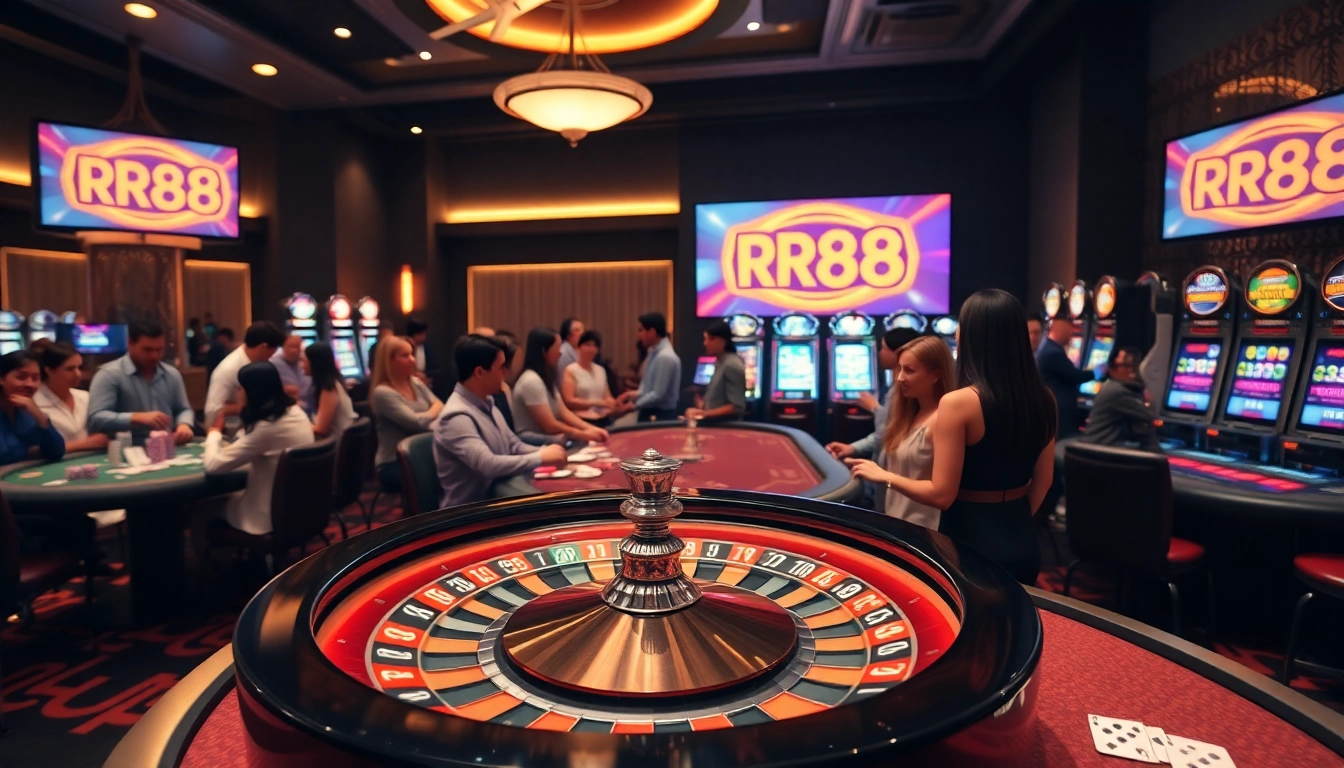 Gambling excitement at RR88 casino with casino tables, roulette wheel, and engaging players.