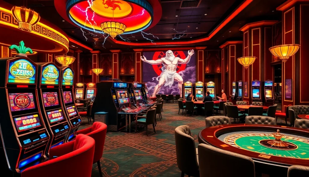 Pemain yang menang di mesin slot zeus dengan elemen permainan kasino yang berwarna-warni di sekitarnya.