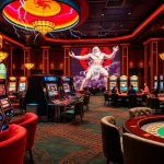 Pemain yang menang di mesin slot zeus dengan elemen permainan kasino yang berwarna-warni di sekitarnya.
