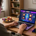 Player engaged in an exciting 68win slot game at home, vibrant interface on laptop screen.