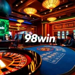 Experience the excitement of gambling with 98win at a luxurious casino table featuring poker chips and slot machines.