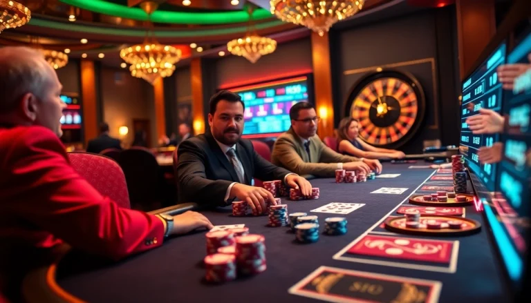 SODO Casino players enjoying an exciting poker game with colorful chips in a luxurious ambiance.