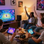 Engaged friends enjoying Sunwin tải in a cozy gaming setup with devices and snacks.