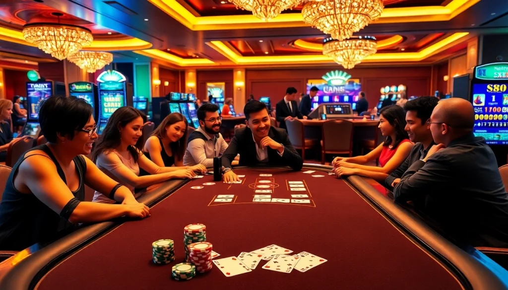 SX88 players enjoying a thrilling game at a luxury casino table, with vibrant chips and cards.