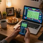 KONG88 user placing live bets on a smartphone during a cozy home gaming atmosphere.