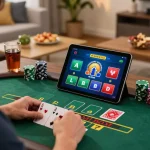 Engaged player analyzes strategy for live dealer blackjack on 789win .com in a cozy home setting
