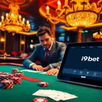 Engage with the excitement of i9bet at this vibrant casino poker table with colorful chips.