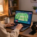 Player actively engaging in BK33 online cricket betting at home, showcasing excitement and strategy