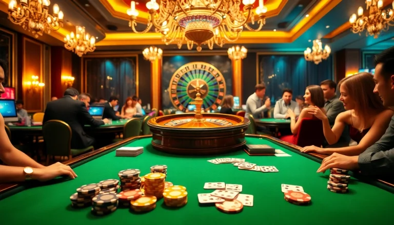 Pemain terlibat dalam taruhan menegangkan di kasino dengan dekor JPTOTO yang bertema.