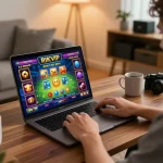 Player navigating RIKVIP online gaming interface at home, enjoying a thrilling casino experience.