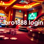 Exciting gambling moment with bro138 login on a vibrant casino interface, poker chips, and slot machines.