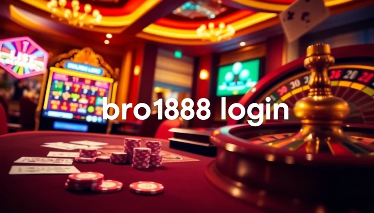 Exciting gambling moment with bro138 login on a vibrant casino interface, poker chips, and slot machines.
