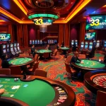 Pemain menikmati aksi poker yang intens di meja kasino 33win68 dalam suasana yang berwarna-warni dan mewah.