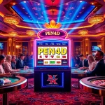 PEN4D gaming excitement with players celebrating wins at a vibrant slot machine.