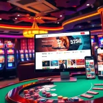 Experience the excitement of nohu90.social with dynamic online gambling visuals featuring vibrant slot machines and poker tables.
